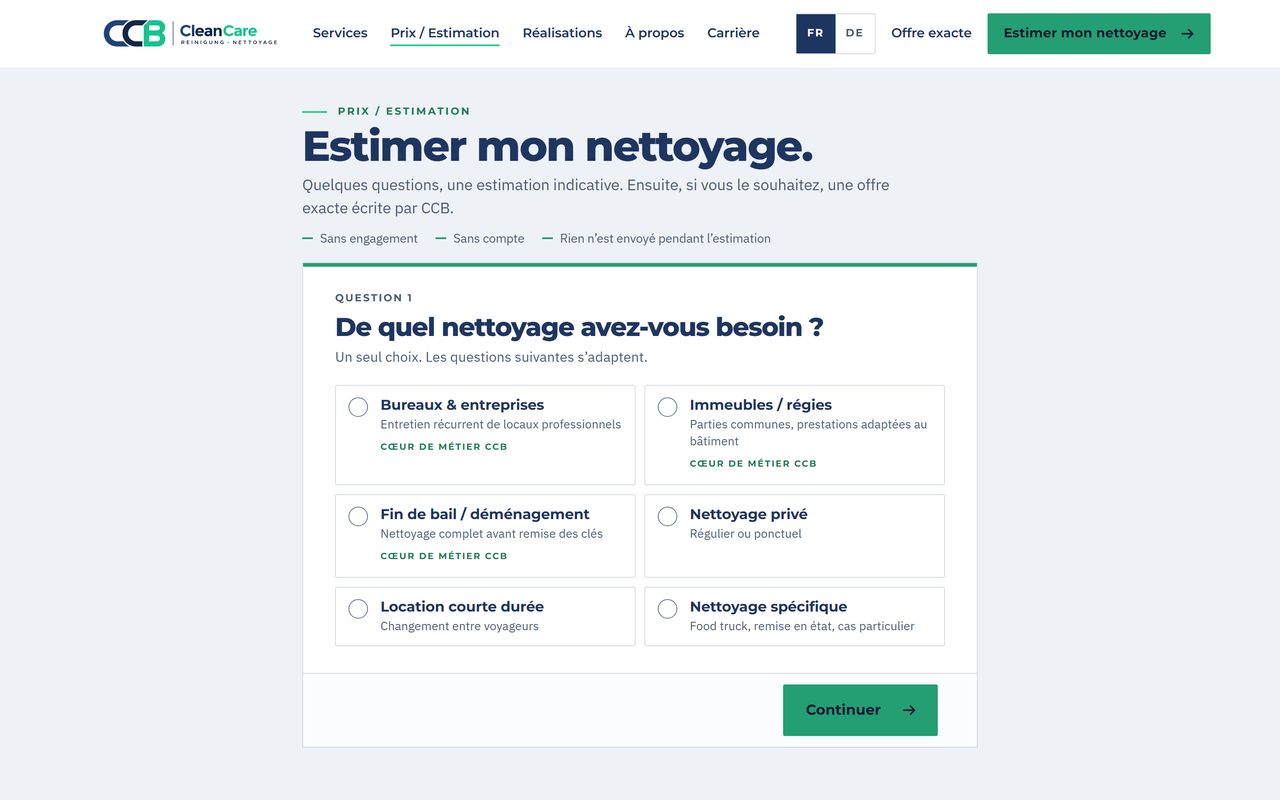 The estimation page: a first question asking which kind of cleaning is needed, with six choices.