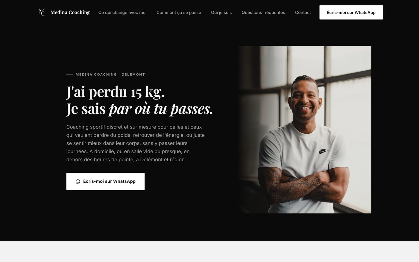 The Medina Coaching home page: a dark editorial layout with a portrait of the coach and his opening line.